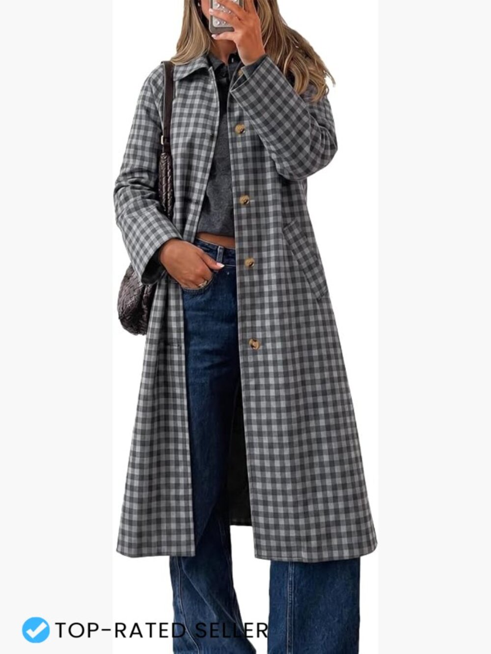 Plaid Trench Coat Fall Lapel Single Breasted Long Jacket Classic Chic